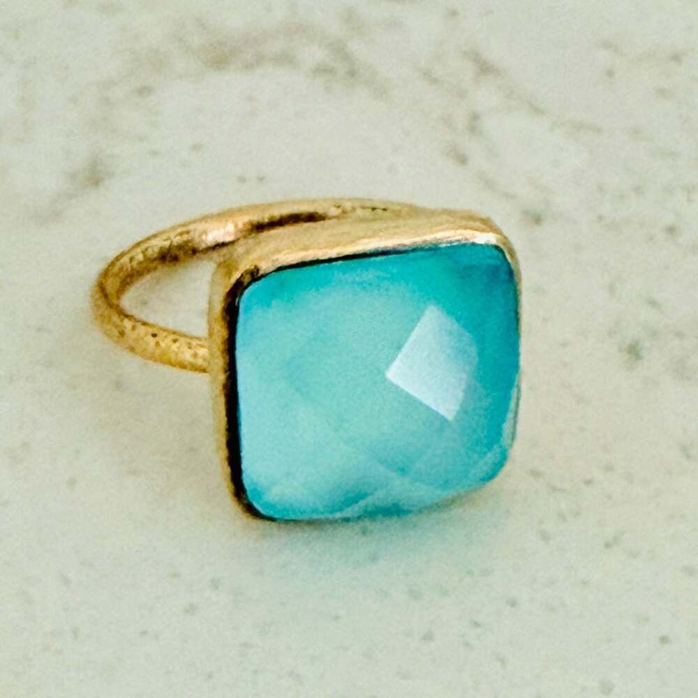 925 Sterling Silver Gold Vermeil Aqua Chalcedony Cushion Cut Statement Ring | Fa